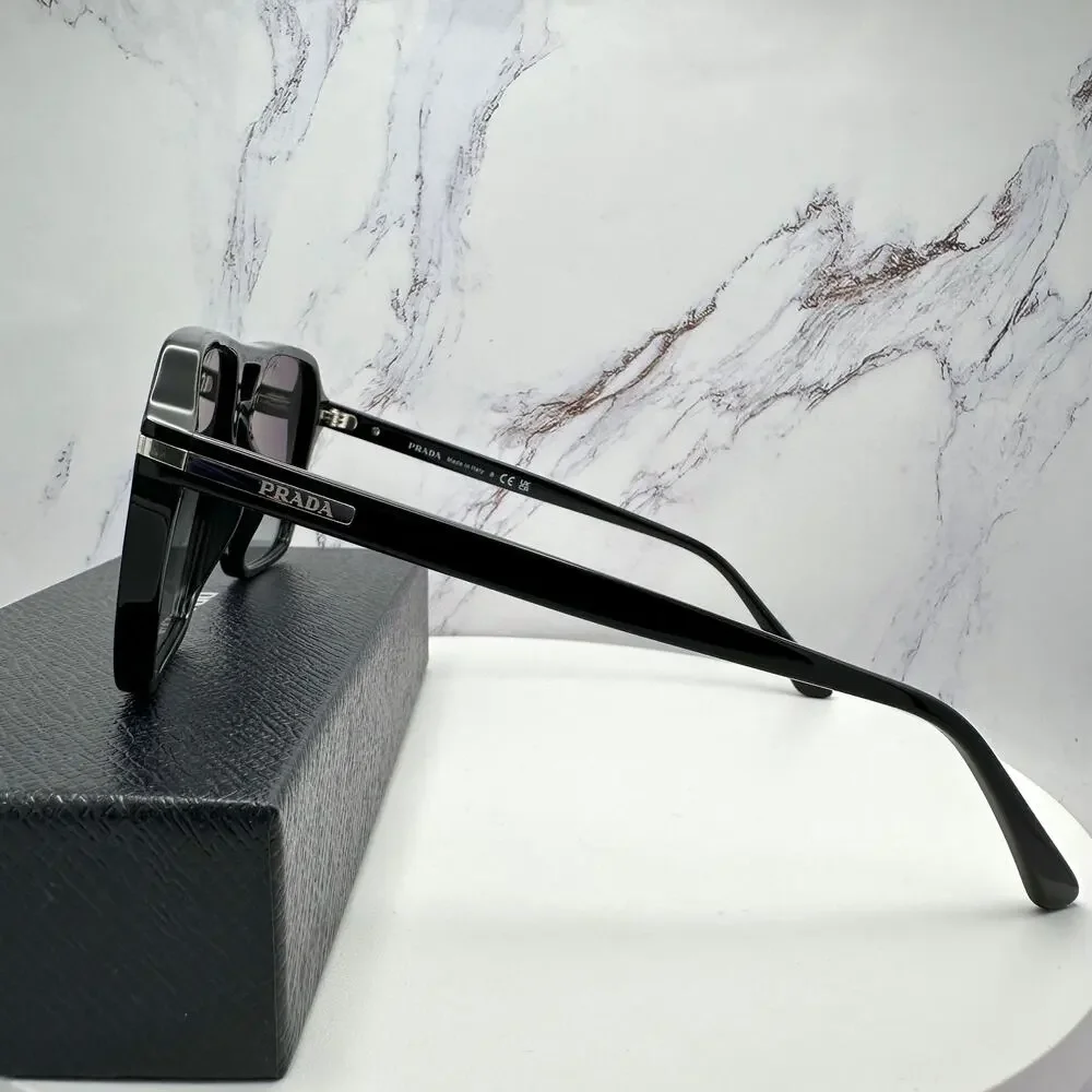 NEW PRADA Sunglasses Black Aviator Pilot 55-17mm Grey Lens Silver Logo
